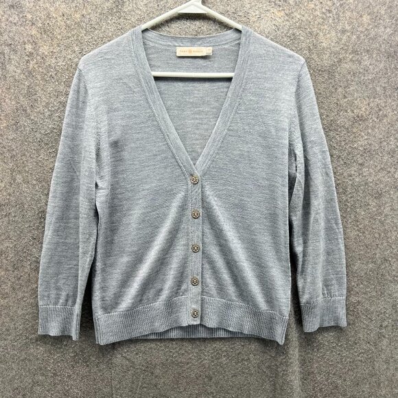 Tory Burch Cardigan Sweater Women Small Gray Wool Blend V Neck Button Front - Picture 1 of 11